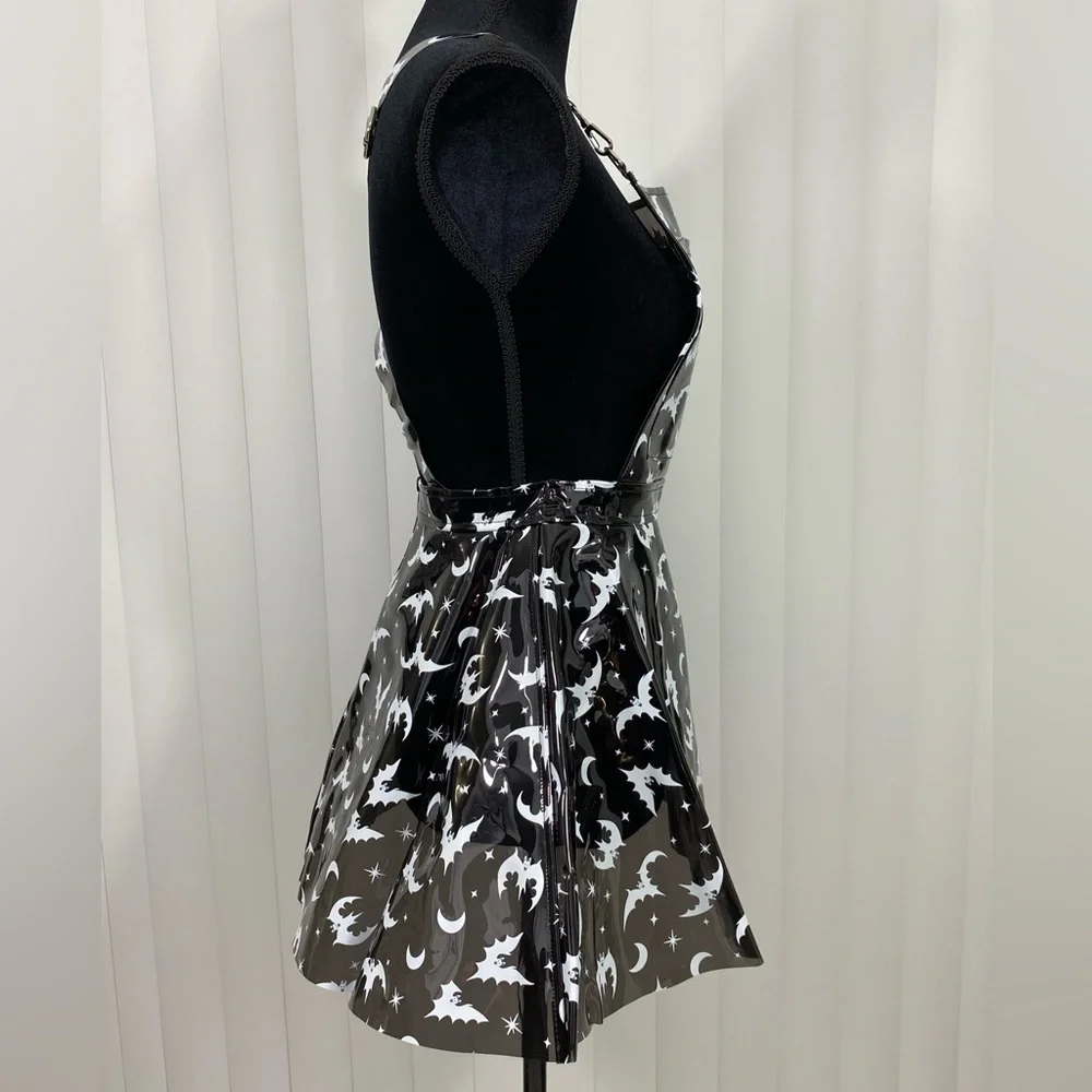 TRICKZ N TREATZ Bat My Lashes Print PVC Vinyl Mini Dress Bat Crescent Moon Black - Picture 12 of 14
